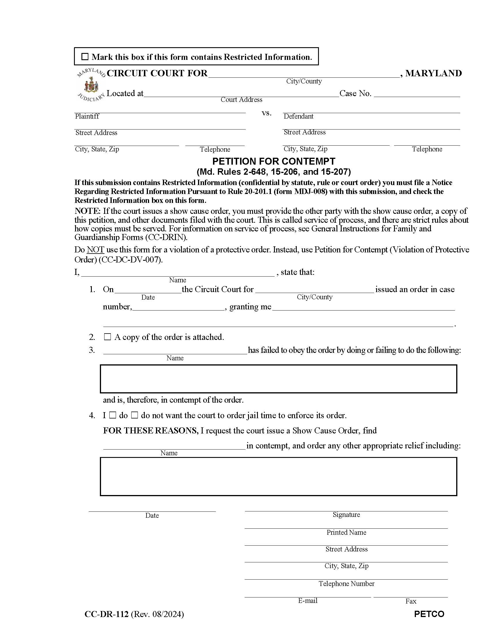 Petition For Contempt {CC-DR-112} | Pdf Fpdf Docx | Maryland