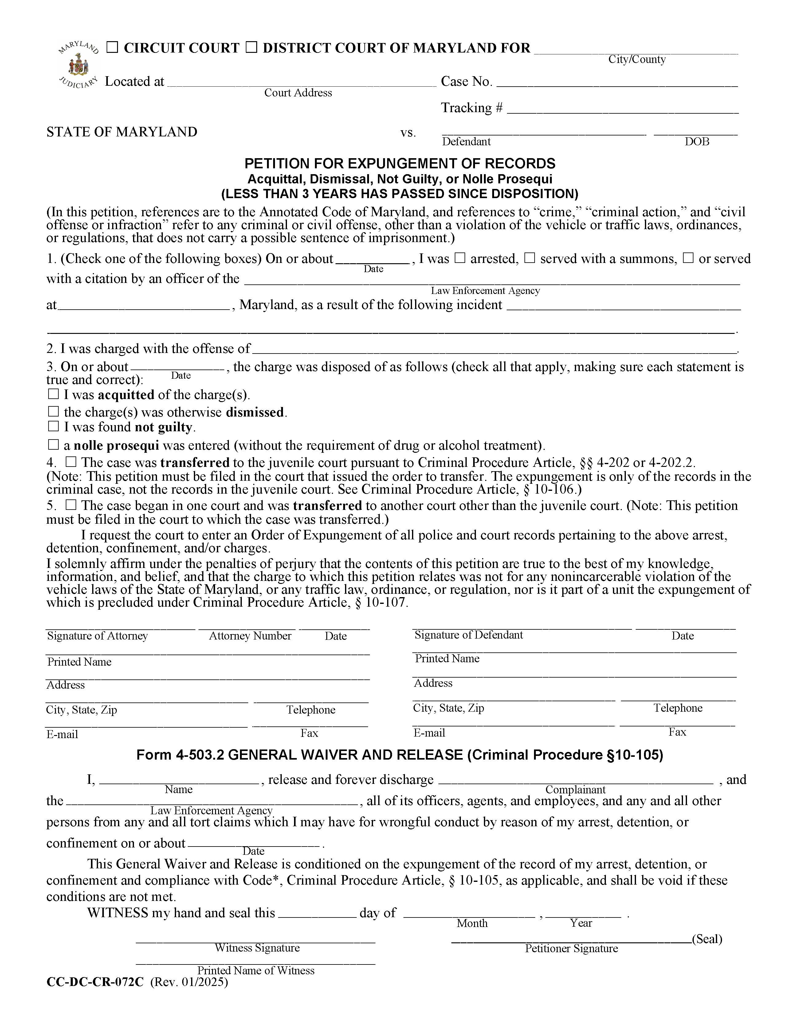 Petition For Expungement Of Records (Less Than 3 Years Has Passed) {CC-DC-CR 72C} | Pdf Fpdf Docx | Maryland