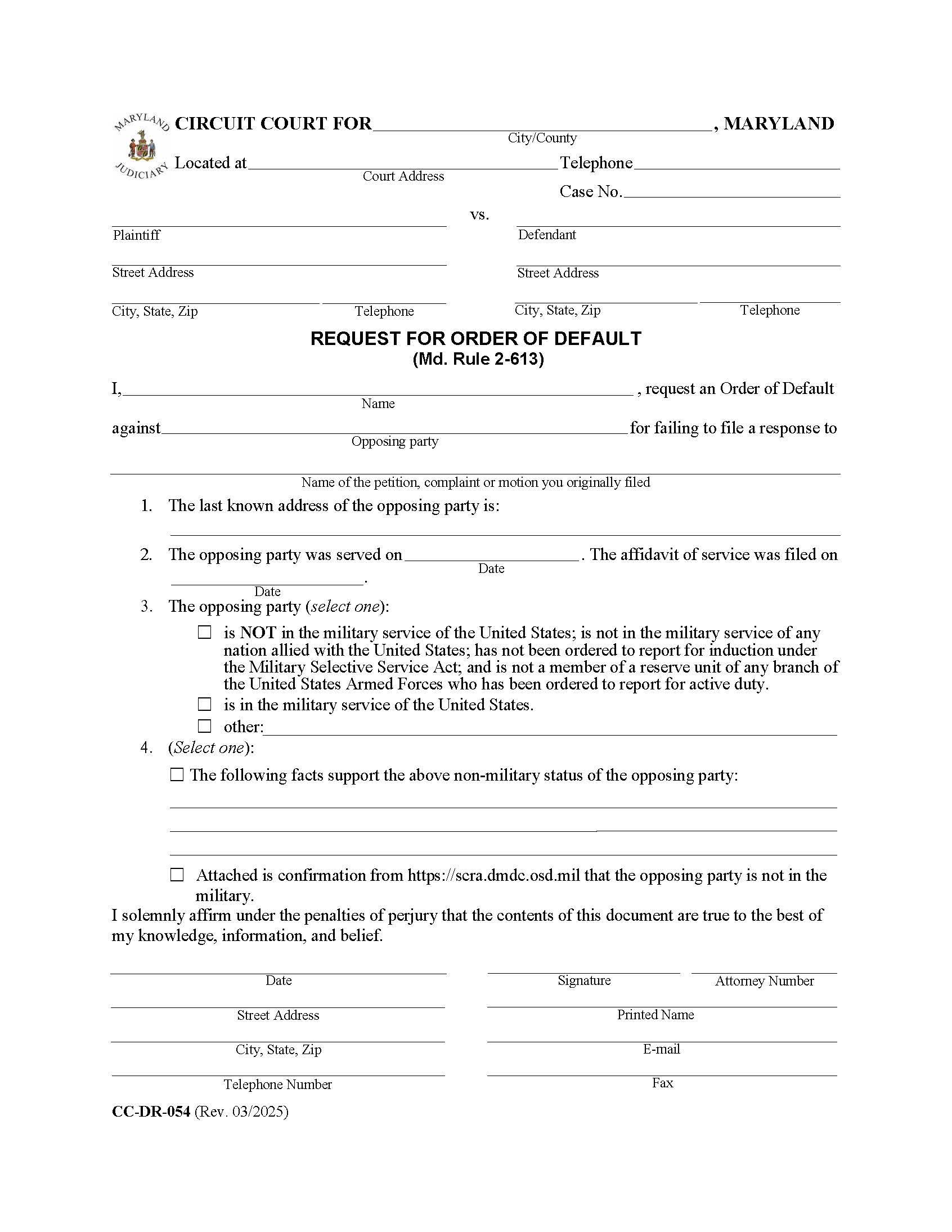 Request For Order Of Default {DR-54} | Pdf Fpdf Doc Docx | Maryland