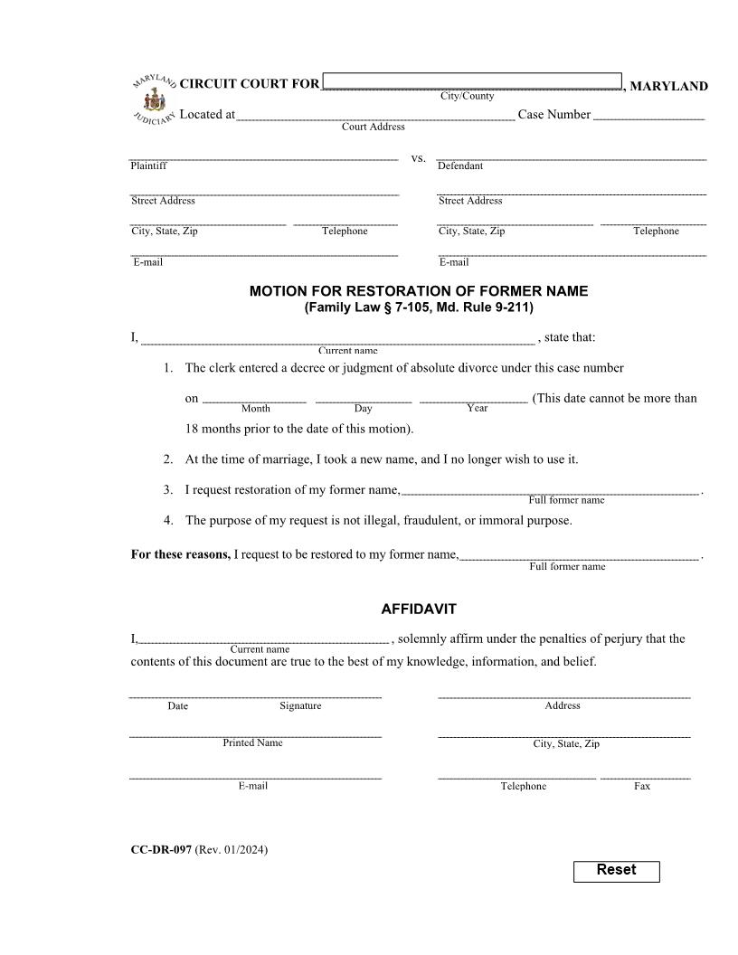 Motion For Restoration Of Former Name {CC-DR-097} | Pdf Fpdf Docx | Maryland