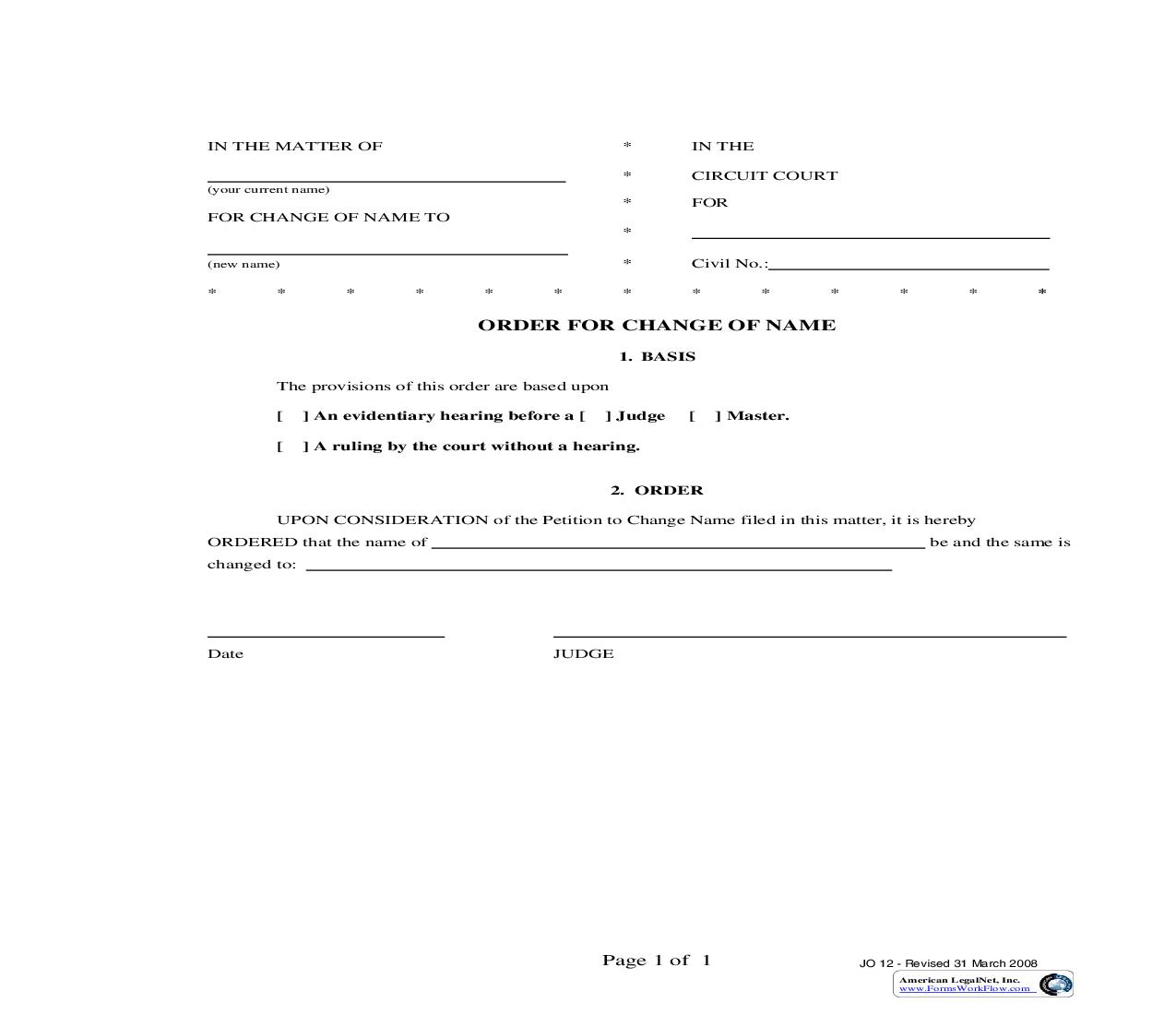 Order For change Of Name {JO-12} |  | Maryland