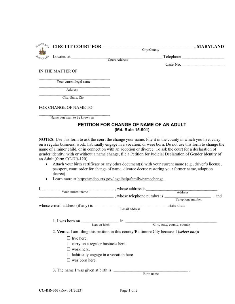 Petition For Change Of Name (Adult) {DR-60} | Pdf Fpdf Doc Docx | Maryland