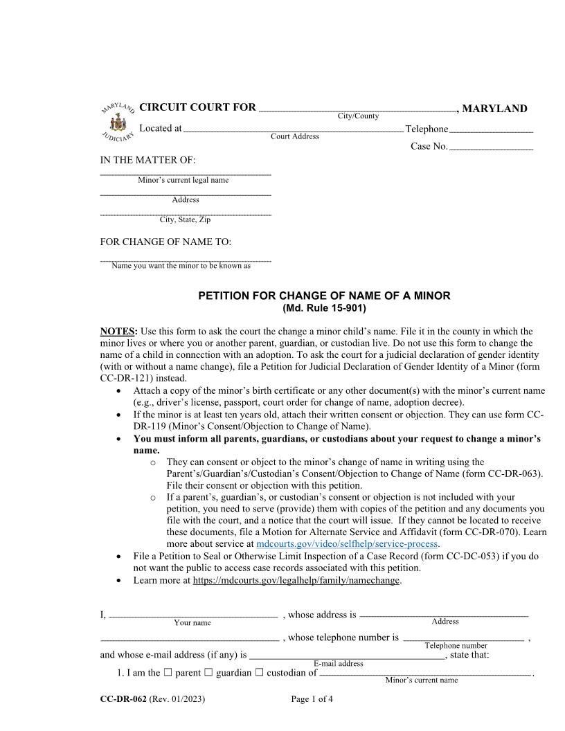 Petition For Change Of Name (Minor) {DR-62} | Pdf Fpdf Doc Docx | Maryland