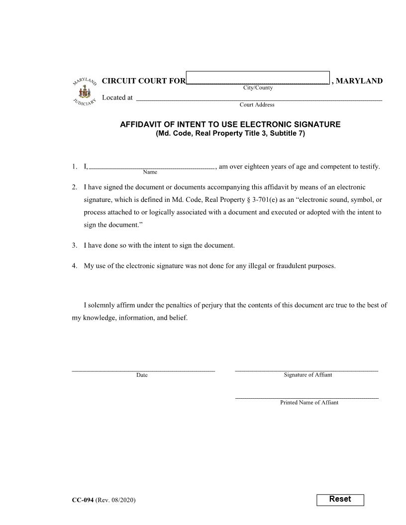 Affidavit Of Intent To Use Electronic Signature {CC-094} | Pdf Fpdf Docx | Maryland