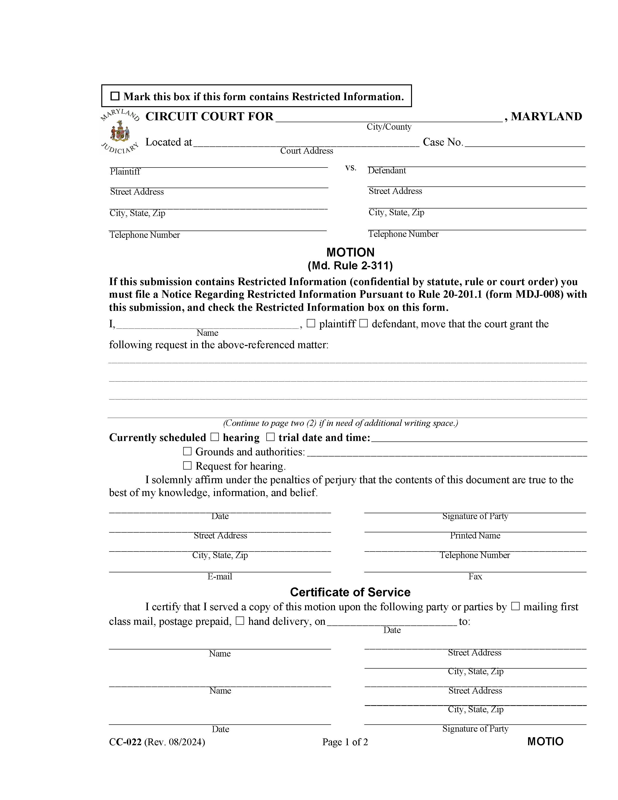 Motion (Rule 2-311) {CC-022} | Pdf Fpdf Docx | Maryland