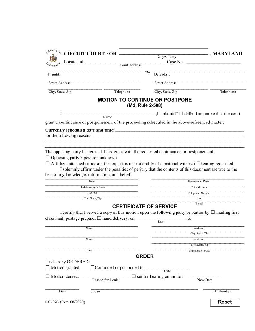 Motion To Continue Or Postpone {CC-023} | Pdf Fpdf Docx | Maryland