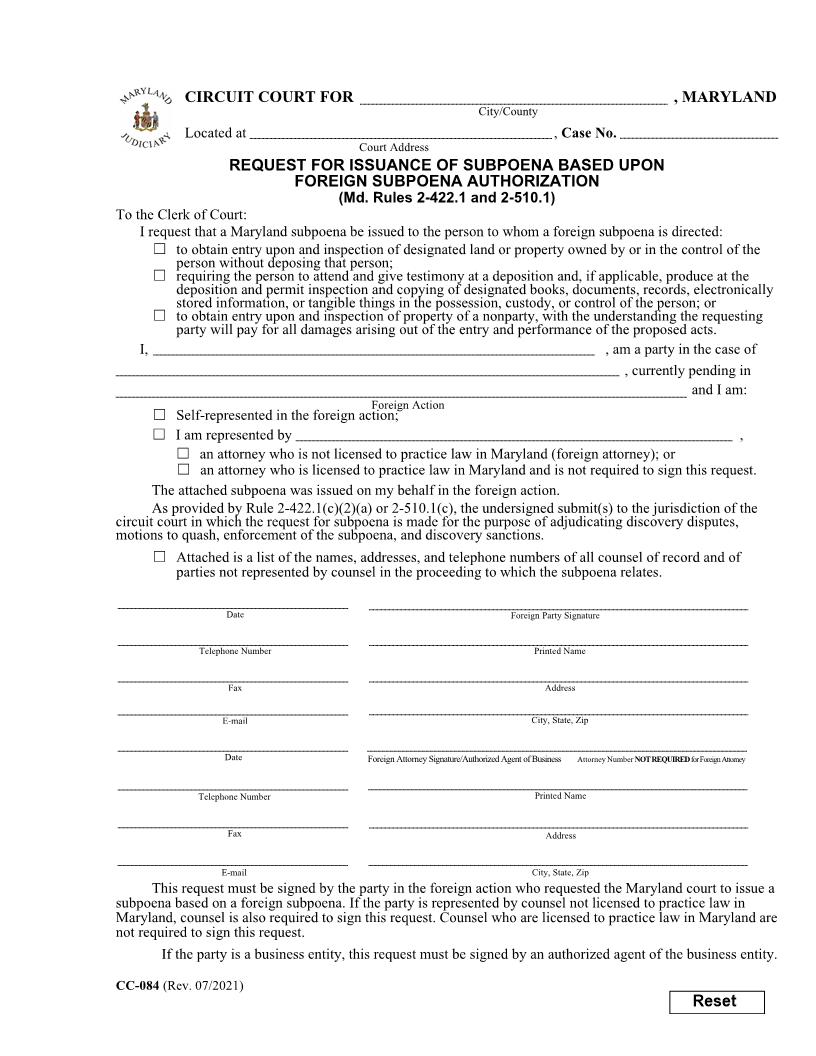 Request For Issuance Of Subpoena (Foreign) {CC-084} | Pdf Fpdf Docx | Maryland