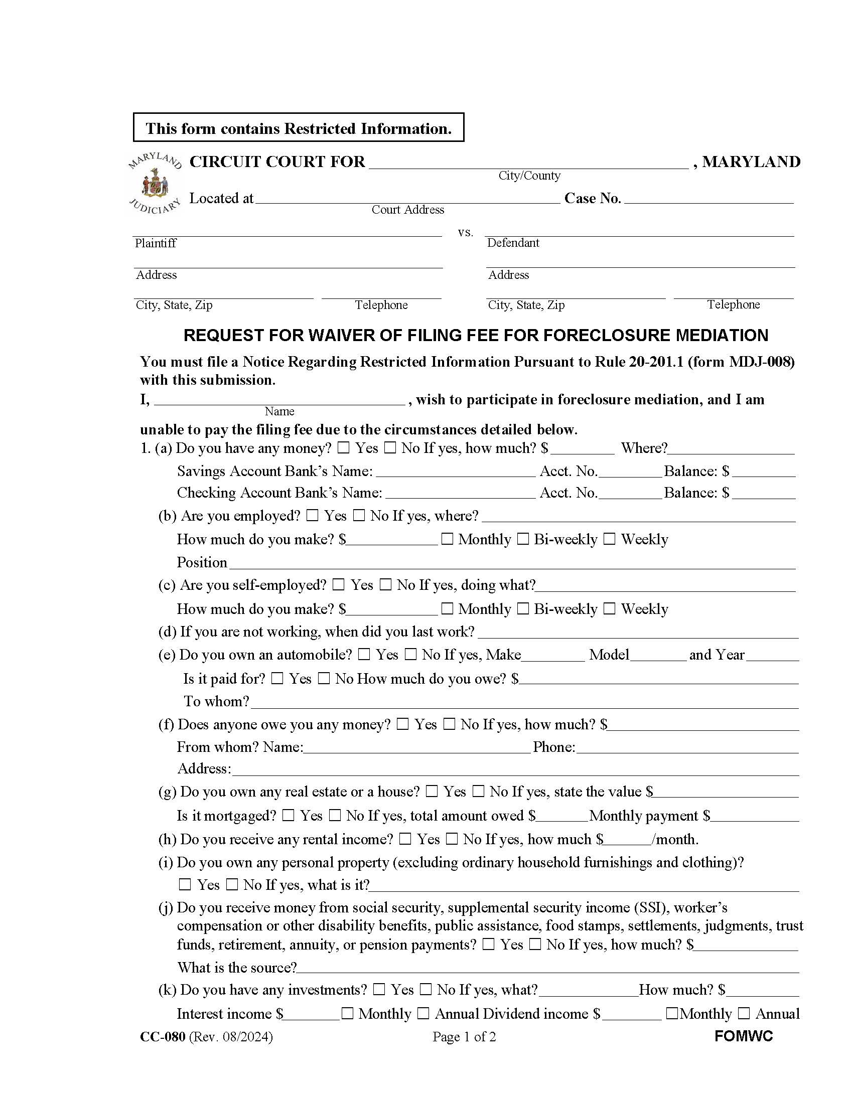 Request For Waiver Of Filing Fee For Foreclosure Mediation {CC-080} | Pdf Fpdf Docx | Maryland