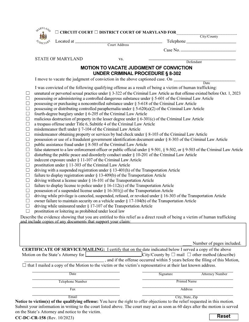 Motion To Vacate Judgment Of Conviction Under Criminal Procedure 8-302 {CC-DC-CR-158} | Pdf Fpdf Docx | Maryland