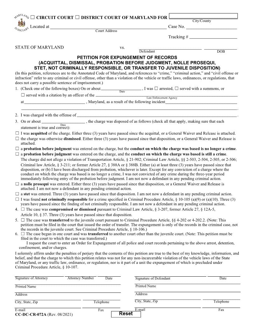 Petition For Expungement Of Records (Acquittal, Dismissal) {CC-DC-CR 72A} (2) | Pdf Fpdf Docx | Maryland