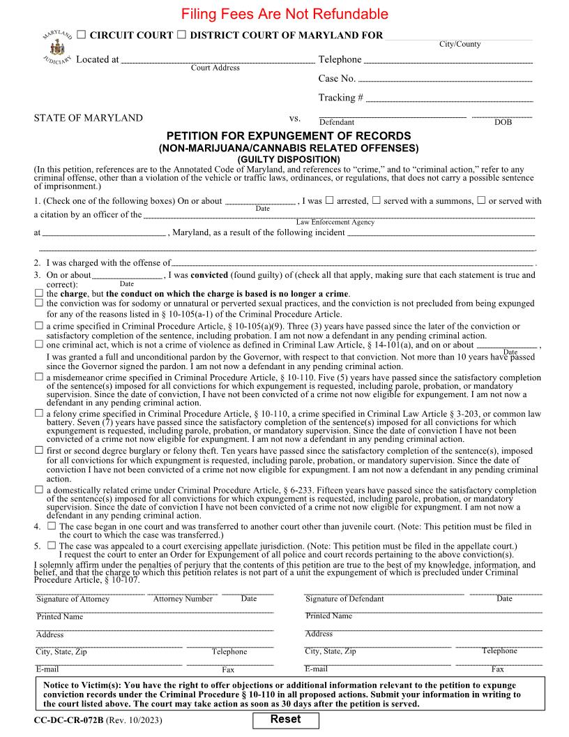 Petition For Expungement Of Records (Guilty Disposition) {CC-DC-CR 72B} | Pdf Fpdf Docx | Maryland