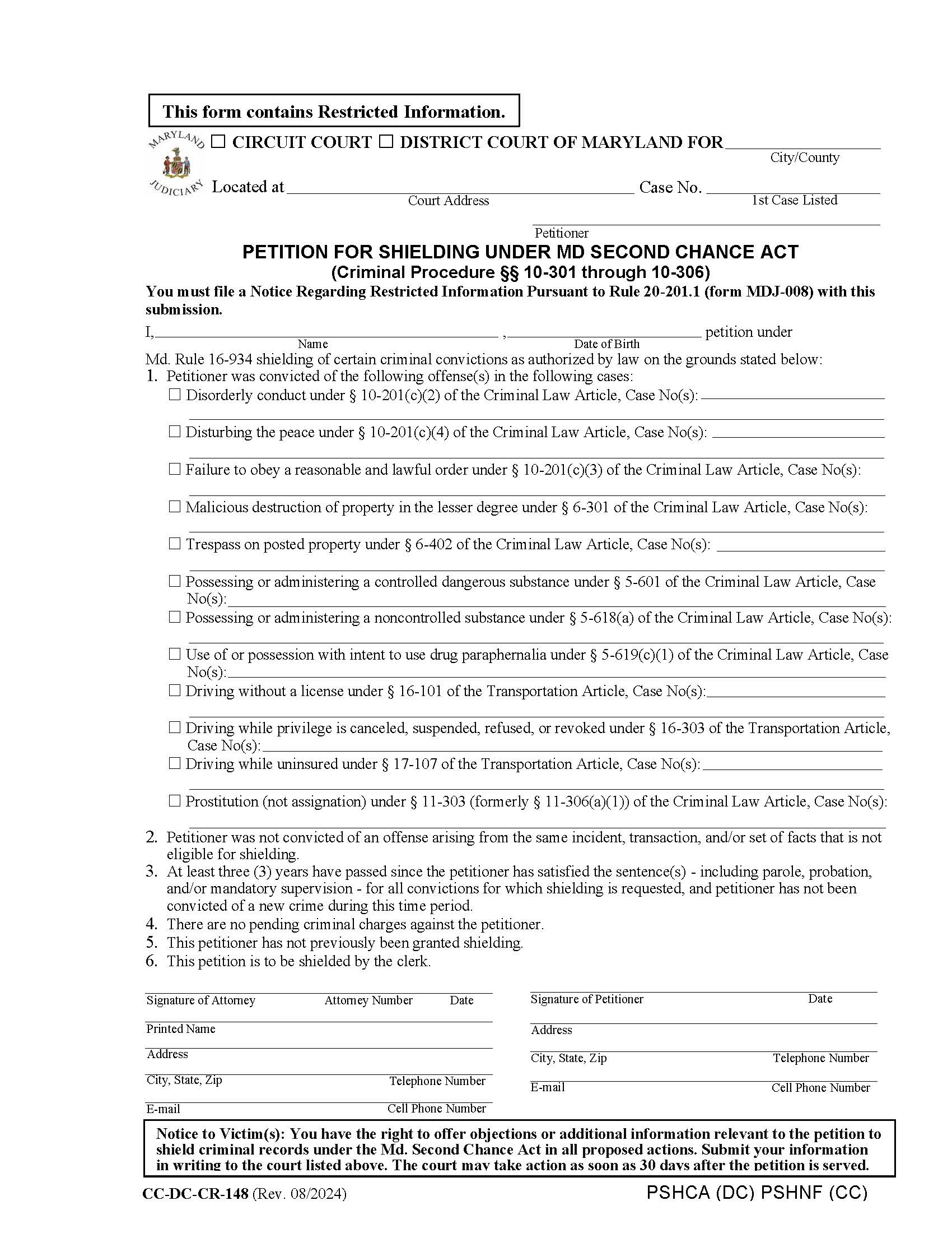 Petition For Shielding Under MD Second Chance Act {CC-DC-CR-148} | Pdf Fpdf Docx | Maryland