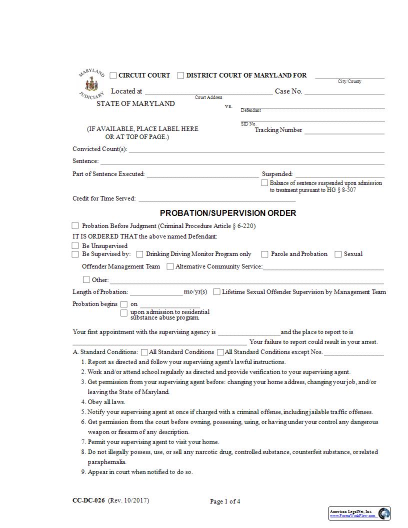 Probation or Supervision Order {CC-DC-26} | Pdf Fpdf Docx | Maryland