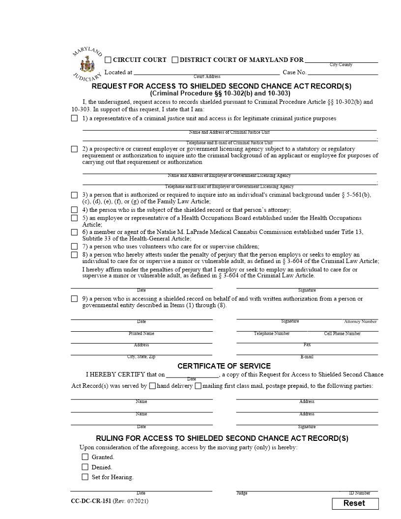 Request For Access To Shielded Second Channce Act Records {CC-DC-CR-151} | Pdf Fpdf Docx | Maryland