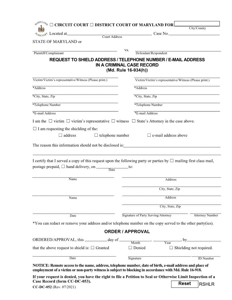 Request To Shield Address Telephone Number Criminal Case {CC-DC-052} | Pdf Fpdf Docx | Maryland