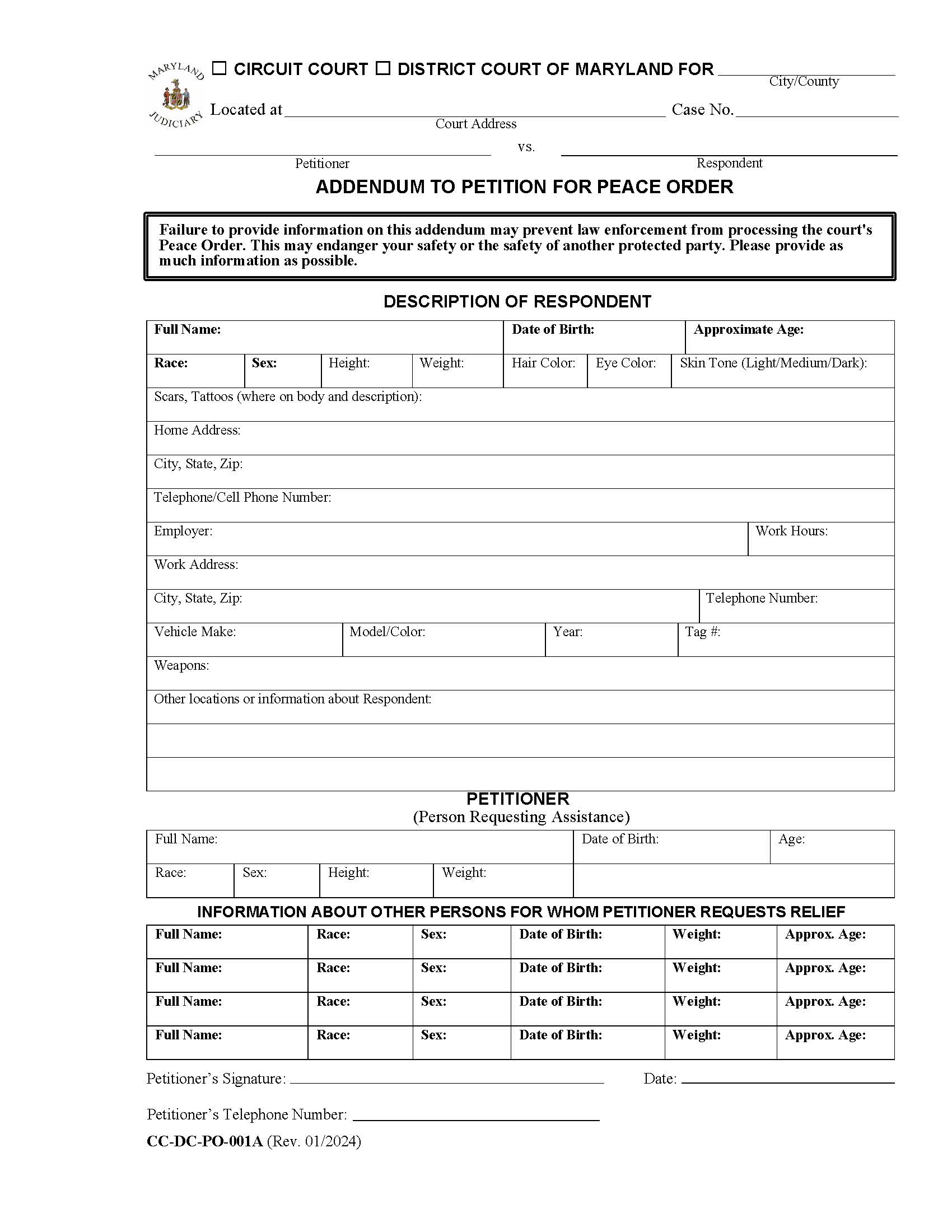Addendum To Petition For Protective Order {CC-DC-DV 001A} | Pdf Fpdf Docx | Maryland