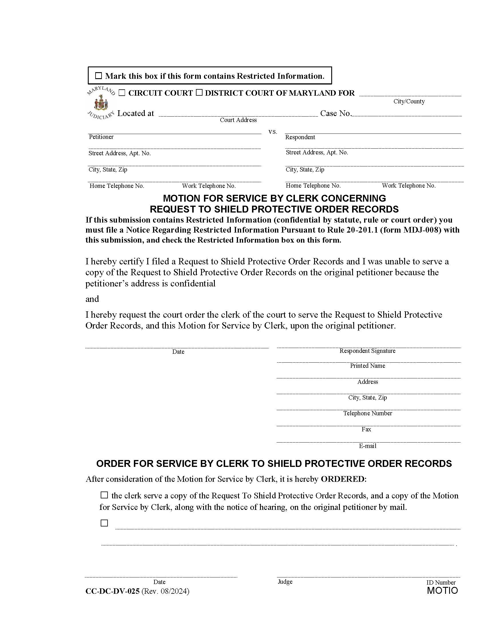Motion For Service By Clerk To Shield Records {CC-DC-DV-25} | Pdf Fpdf Doc Docx | Maryland