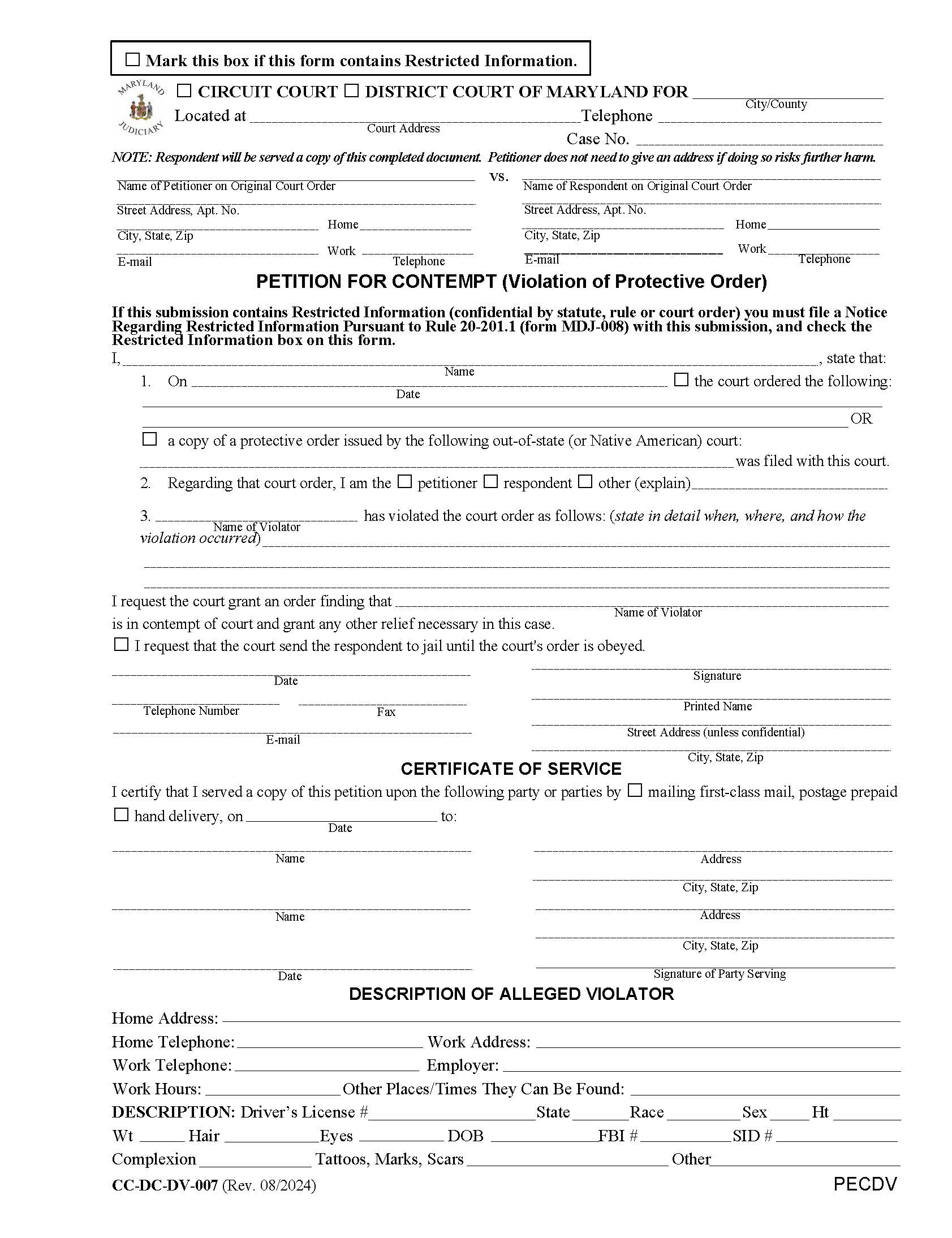 Petition For Contempt (Violation Of Protective Order) {CC-DC-DV-007} | Pdf Fpdf Docx | Maryland
