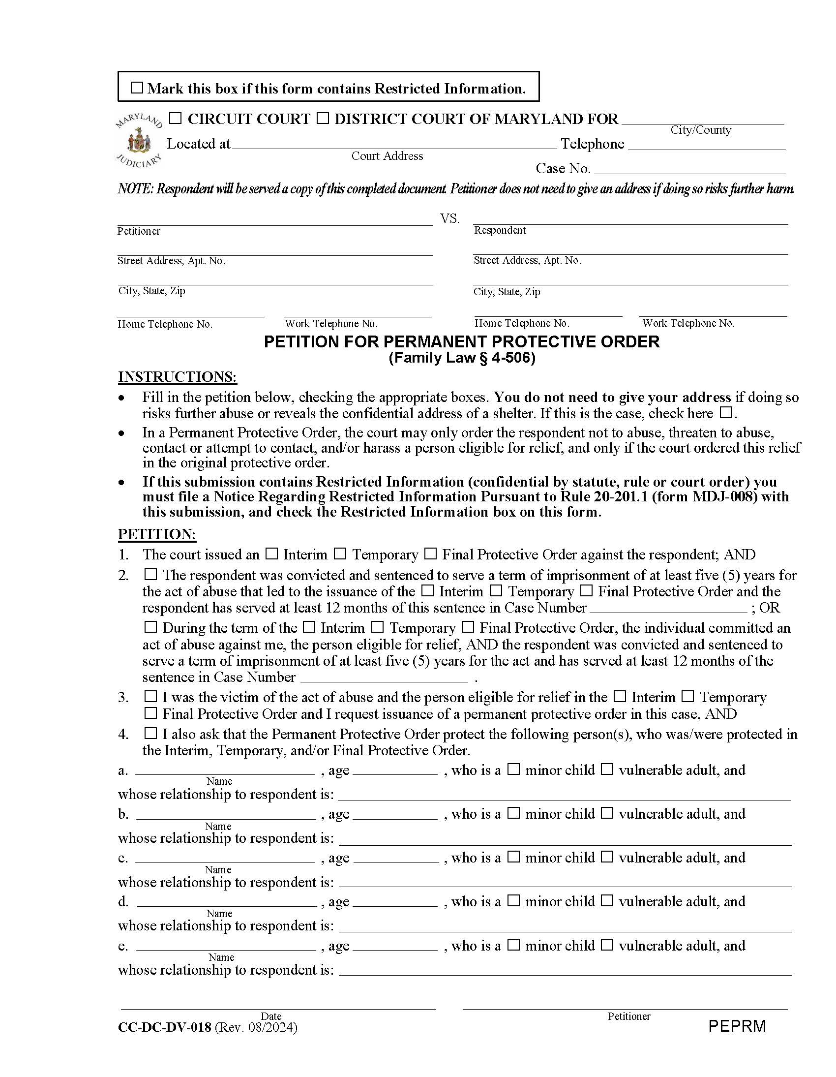 Petition For Permanent Protective Order {CC-DC-DV-018} | Pdf Fpdf Docx | Maryland
