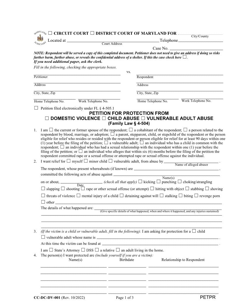Petition For Protection {CC-DC DV 1} | Pdf Fpdf Docx | Maryland