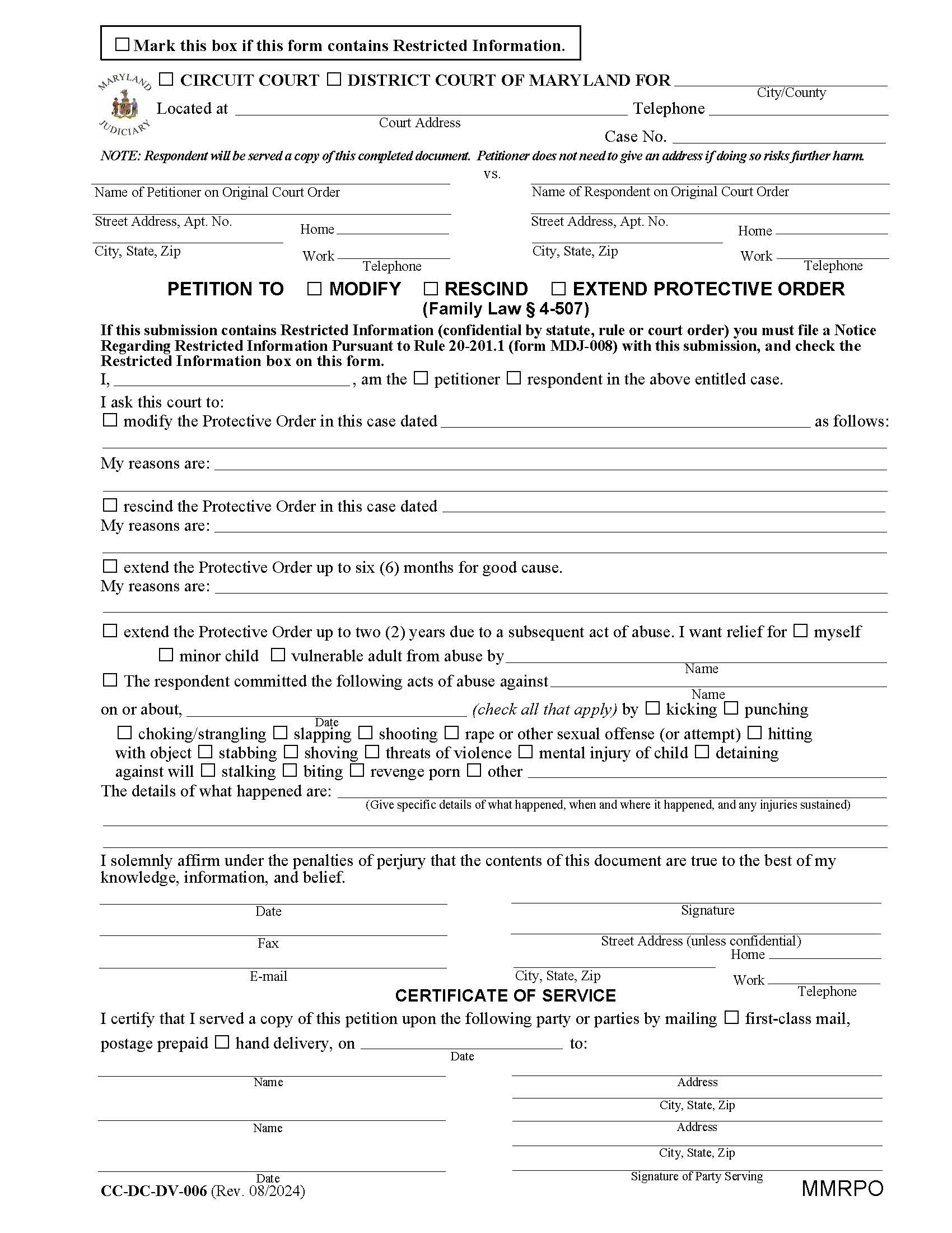 Petition To Modify Rescind Protective Order {CC-DC-DV 6} | Pdf Fpdf Docx | Maryland