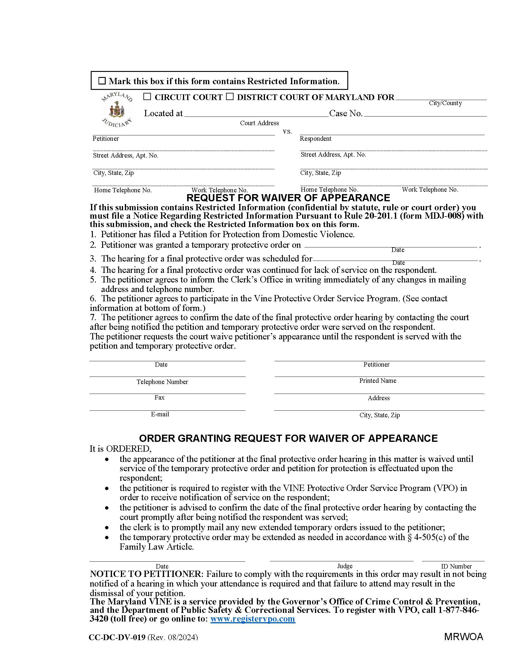 Request For Waiver Of Appearance {CC-DC-DV 19} | Pdf Fpdf Doc Docx | Maryland