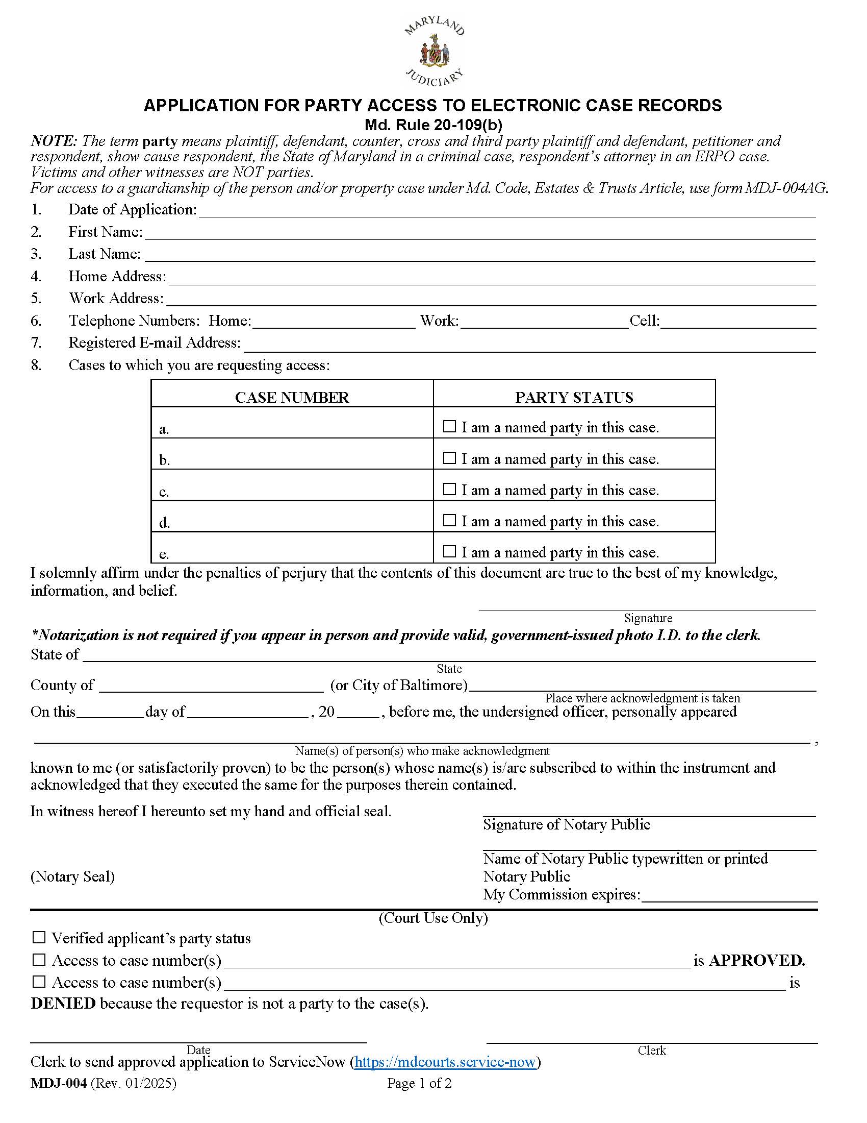 Application For Party Access To MDEC Cases {MDJ-004} | Pdf Fpdf Docx | Maryland