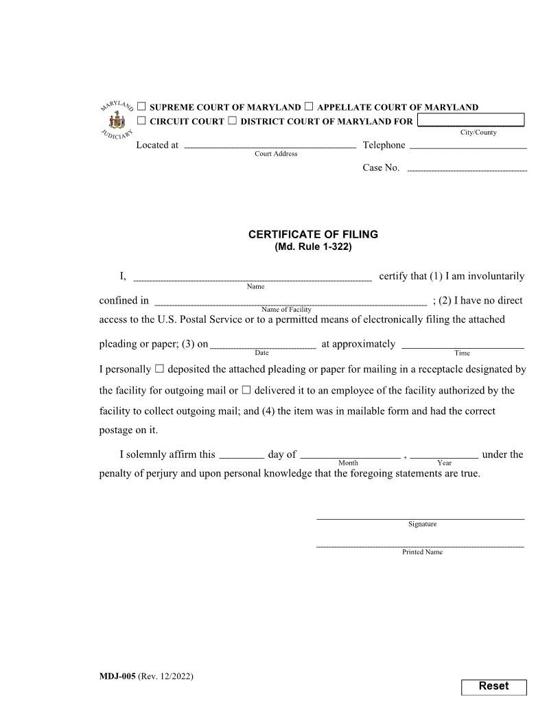 Certificate Of Filing {MDJ-005} | Pdf Fpdf Docx | Maryland