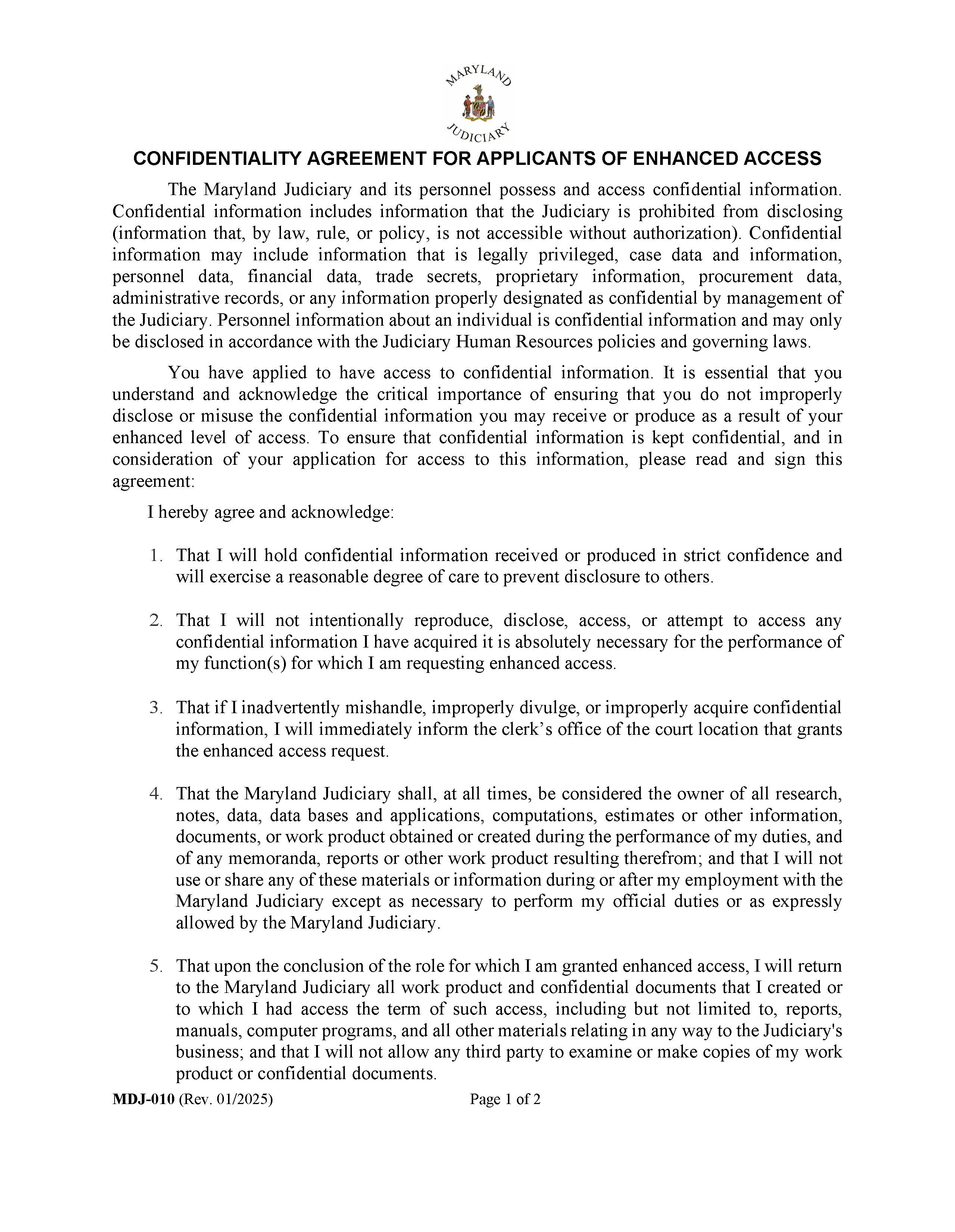 Confidentiality Agreement For Applicants Of Enhanced MDEC Access {MDJ-010} | Pdf Fpdf Docx | Maryland