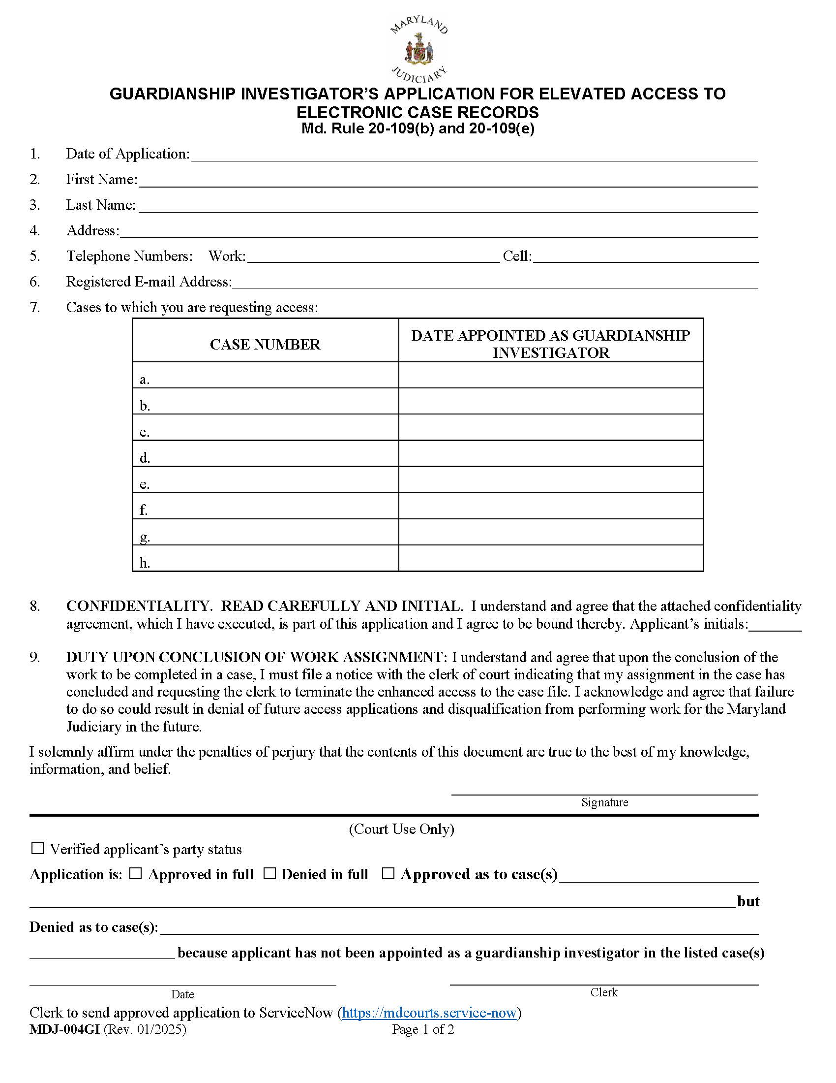 Guardianship Investigators Application For Elevated Access To MDEC Cases {MDJ-004GI} | Pdf Fpdf Docx | Maryland