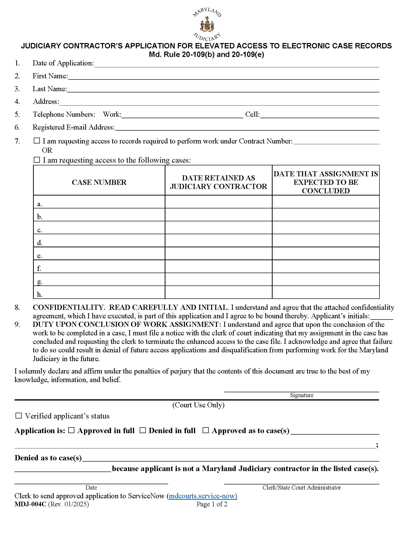 Judiciary Contractors Application For Elevated Access To MDEC Cases {MDJ-004C} | Pdf Fpdf Docx | Maryland