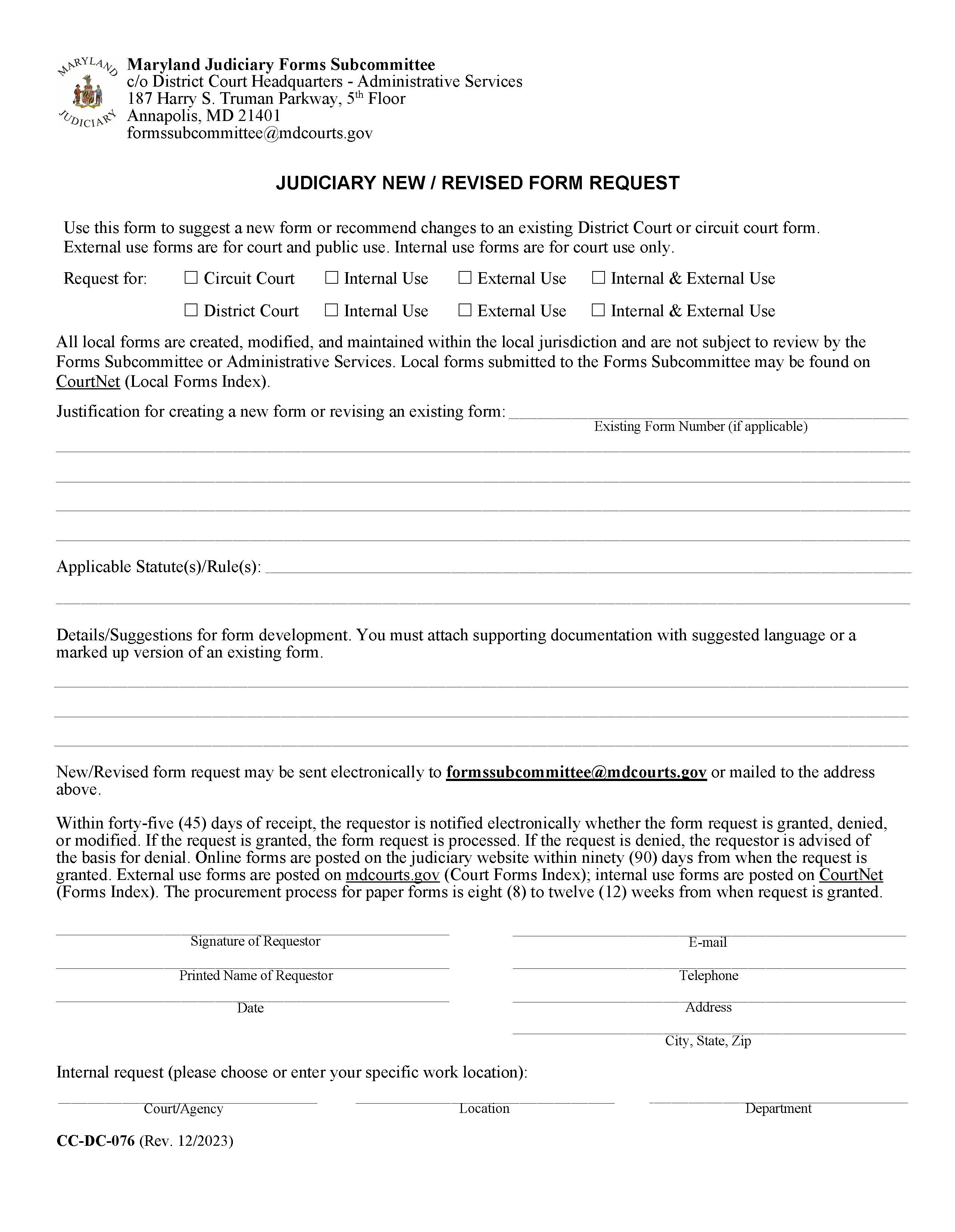 Judiciary New Revised Form Request {CC-DC-76} | Pdf Fpdf Doc Docx | Maryland