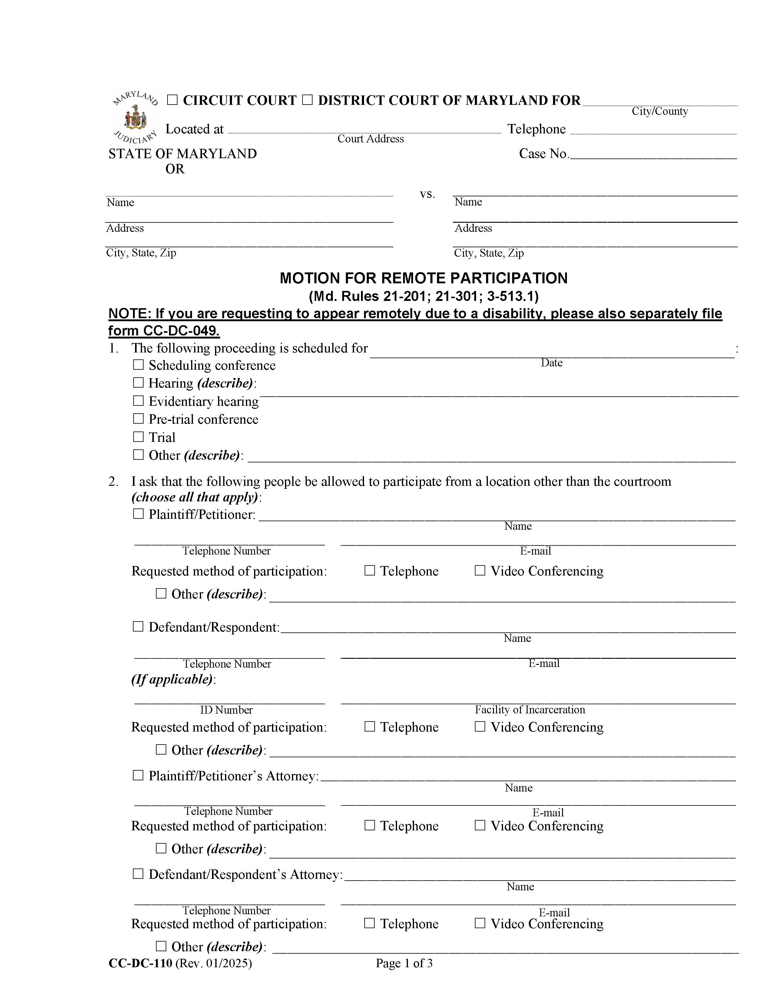 Motion For Remote Proceeding Or To Appear Remotely {CC-DC-110} | Pdf Fpdf Docx | Maryland