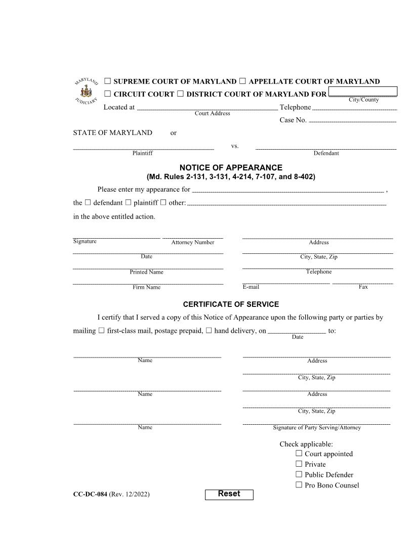 Notice Of Appearance {CC-DC-084} | Pdf Fpdf Docx | Maryland