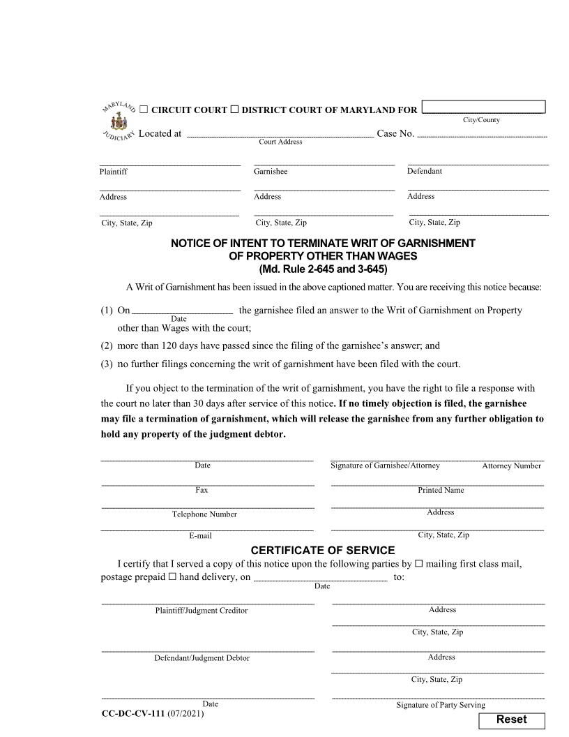 Notice Of Intent To Terminate Garnishment Of Property Other Than Wages {CC-DC-CV-111} | Pdf Fpdf Docx | Maryland