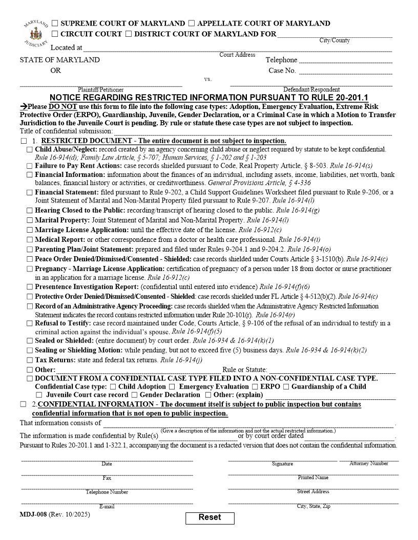 Notice Regarding Restricted Information Pursuant To Rule 20-201.1 {MDJ-008} | Pdf Fpdf Docx | Maryland