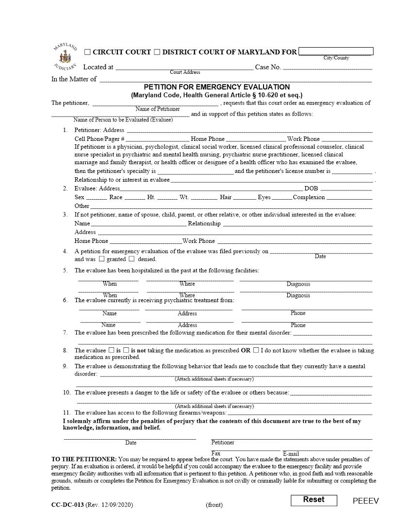 Petition For Emergency Evaluation {CC-DC 13} | Pdf Fpdf Doc Docx | Maryland