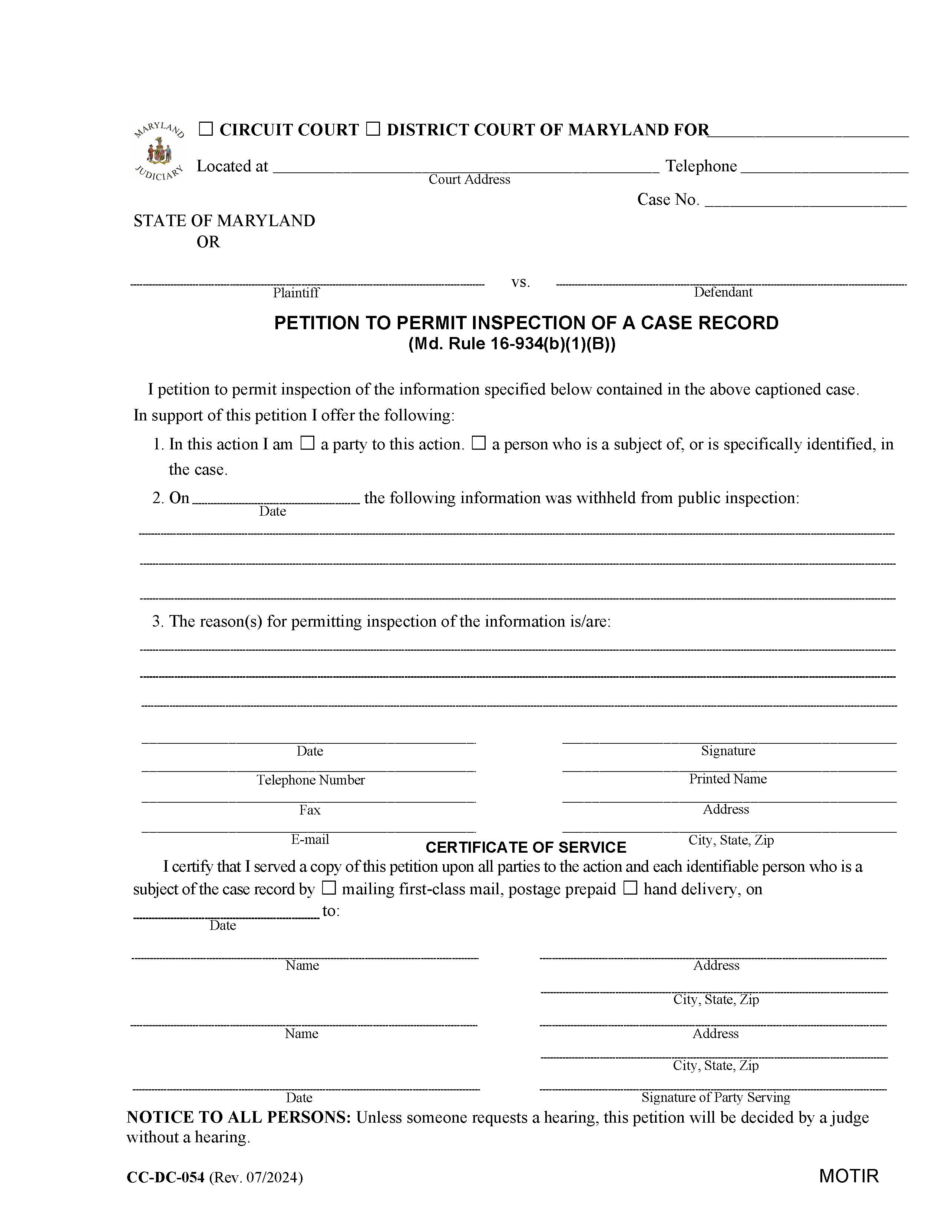 Petition To Permit Inspection Of A Case Record {CC-DC-054} | Pdf Fpdf Docx | Maryland