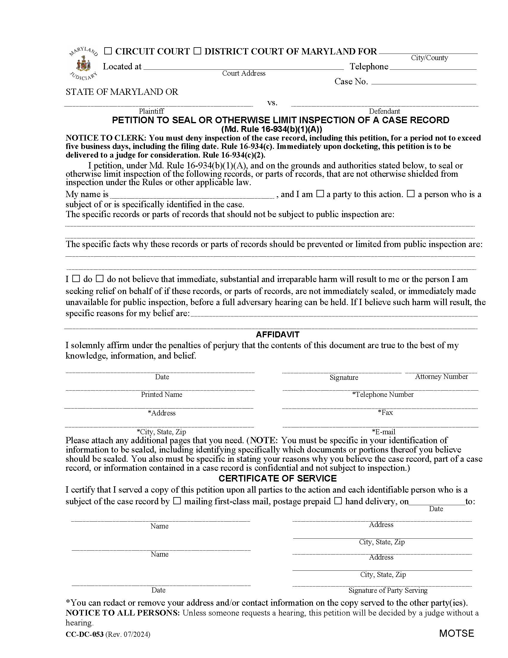Petition To Seal Or Otherwise Limit Inspection Of A Case Record {CC-DC 53} | Pdf Fpdf Docx | Maryland