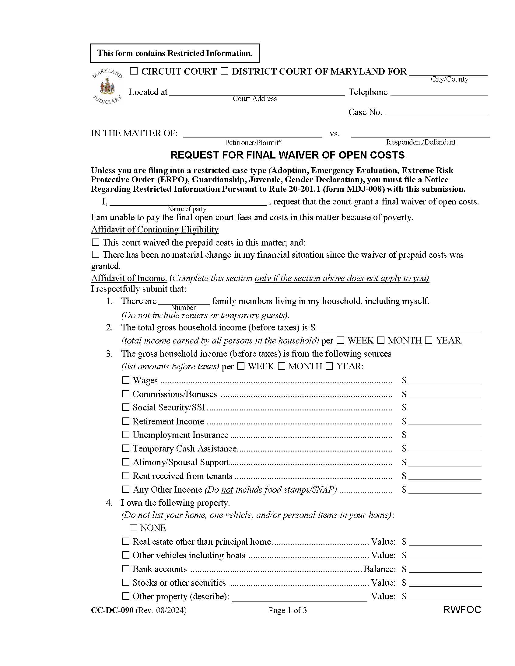 Request For Final Waiver Of Open Costs {CC-DC-090} | Pdf Fpdf Docx | Maryland