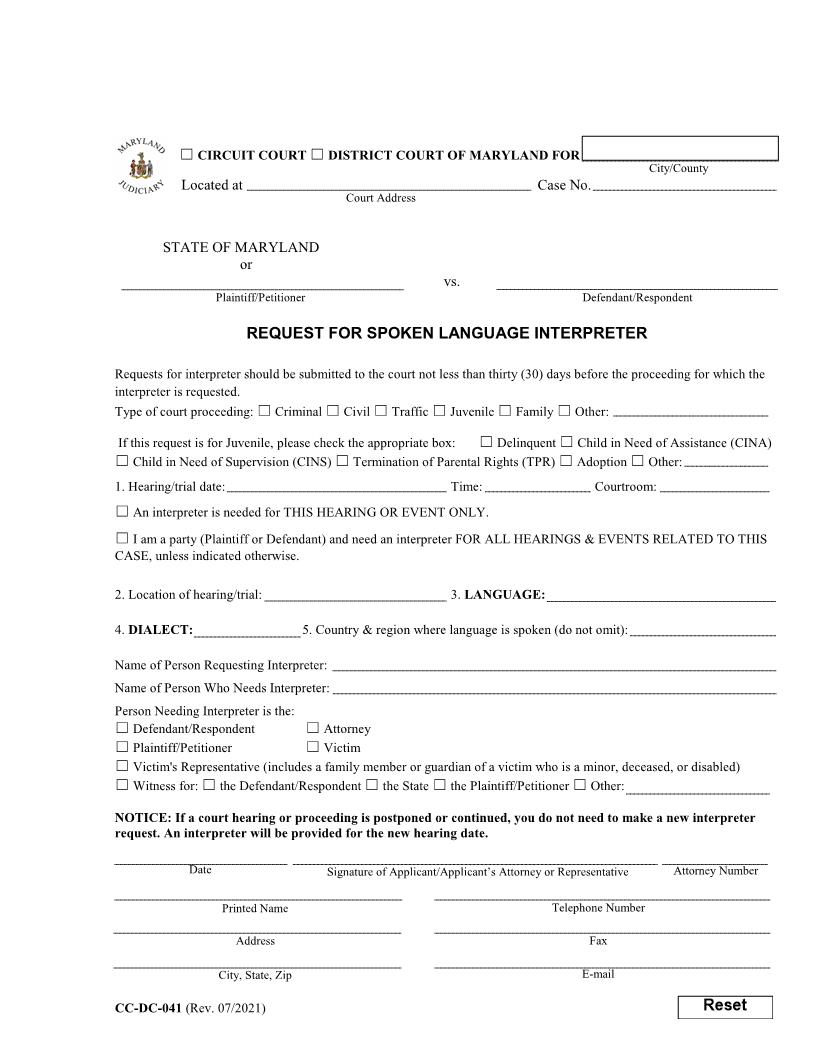 Request For Spoken Language Interpreter {CC-DC 41} | Pdf Fpdf Docx | Maryland