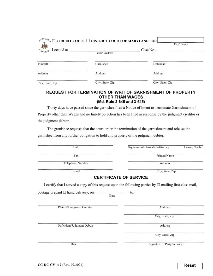 Request For Termination Of Writ Of Garnishment Of Property Other Than Wages {CC-DC-CV-112} | Pdf Fpdf Docx | Maryland