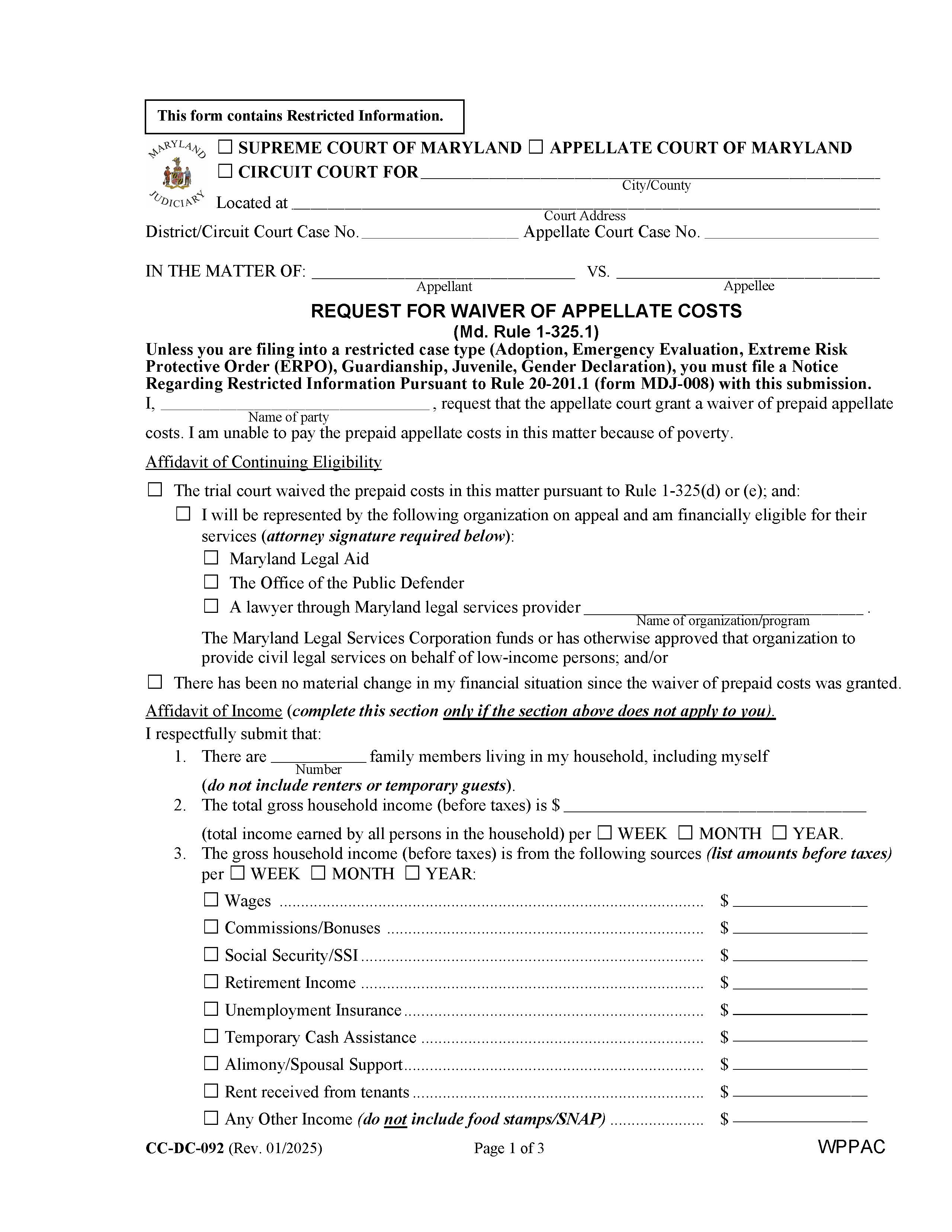 Request For Waiver Of Prepaid Appellate Costs {CC-DC-092} | Pdf Fpdf Docx | Maryland