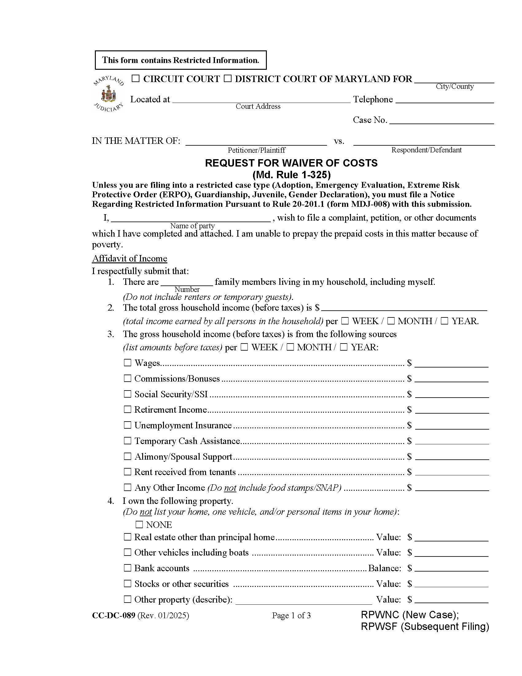Request For Waiver Of Prepaid Costs {CC-DC-89} | Pdf Fpdf Docx | Maryland