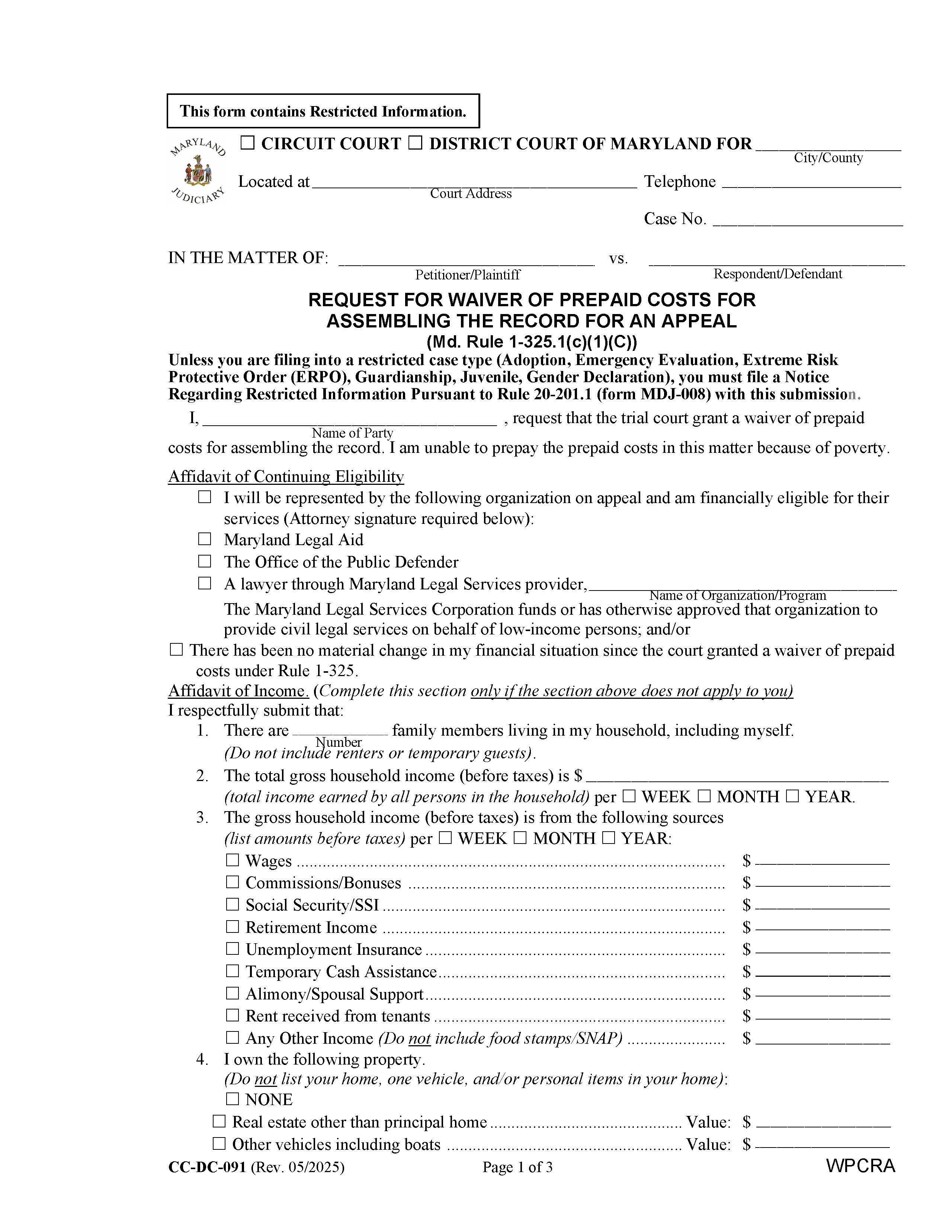 Request For Waiver Of Prepaid Costs For Assembling An Appeal {CC-DC-091} | Pdf Fpdf Docx | Maryland