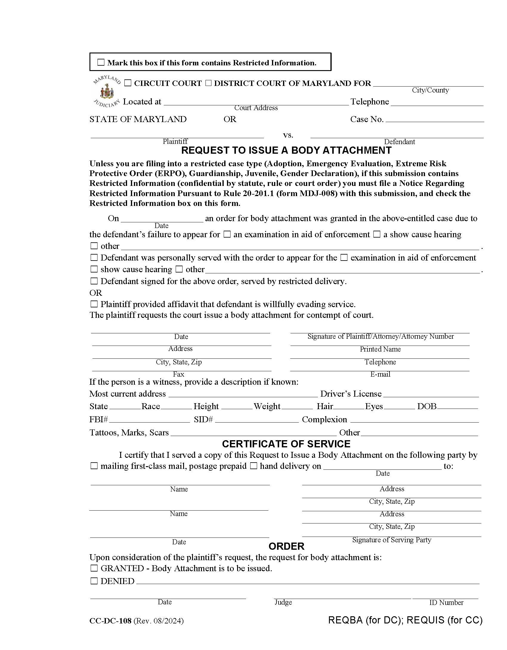 Request To Issue A Body Attachment {CC-DC-108} | Pdf Fpdf Docx | Maryland