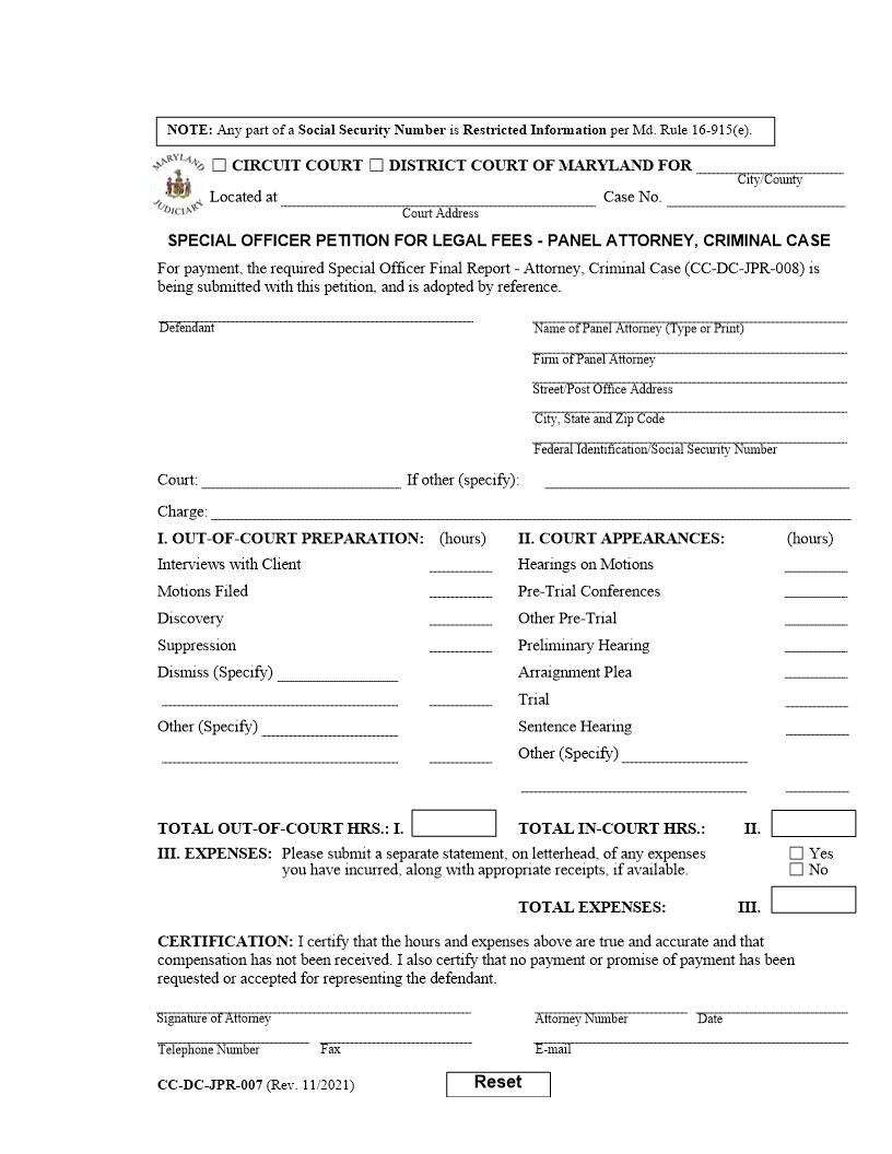 Special Officer Petition For Legal Fees {CC-DC-JPR 7} | Pdf Fpdf Doc Docx | Maryland