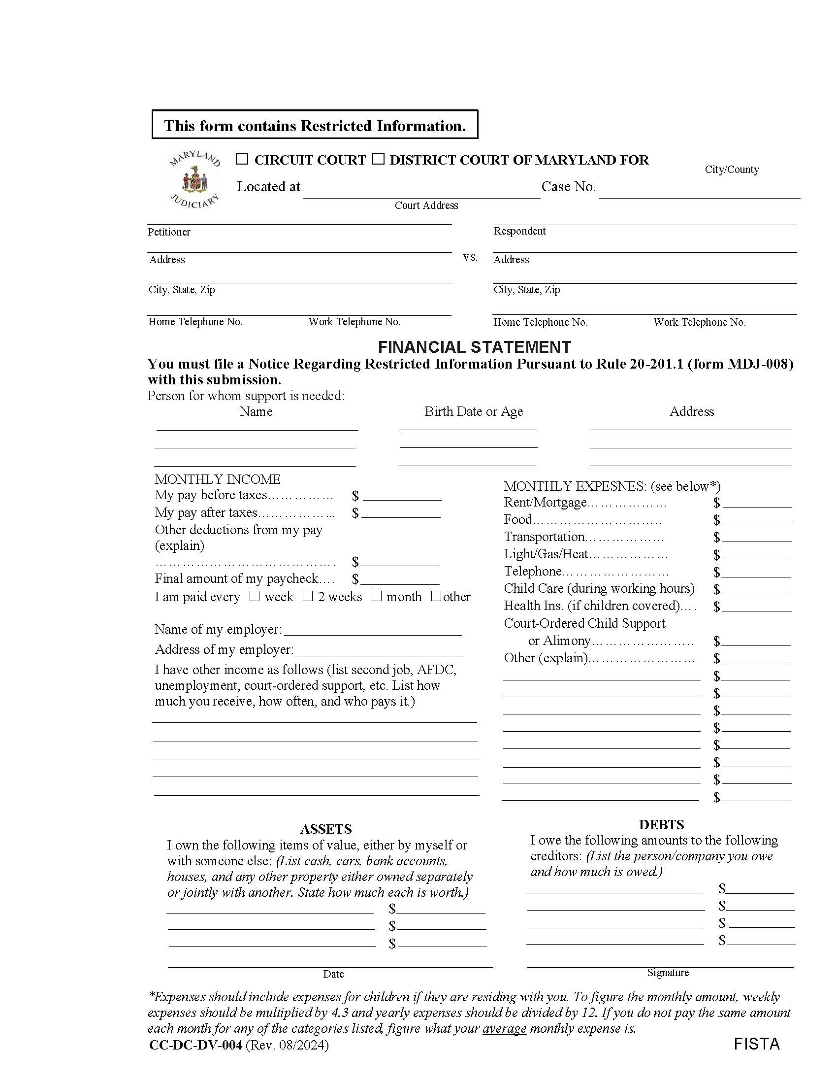 Financial Statement (Used For Peace And Protective Orders) {CC-DC-DV 4} | Pdf Fpdf Doc Docx | Maryland