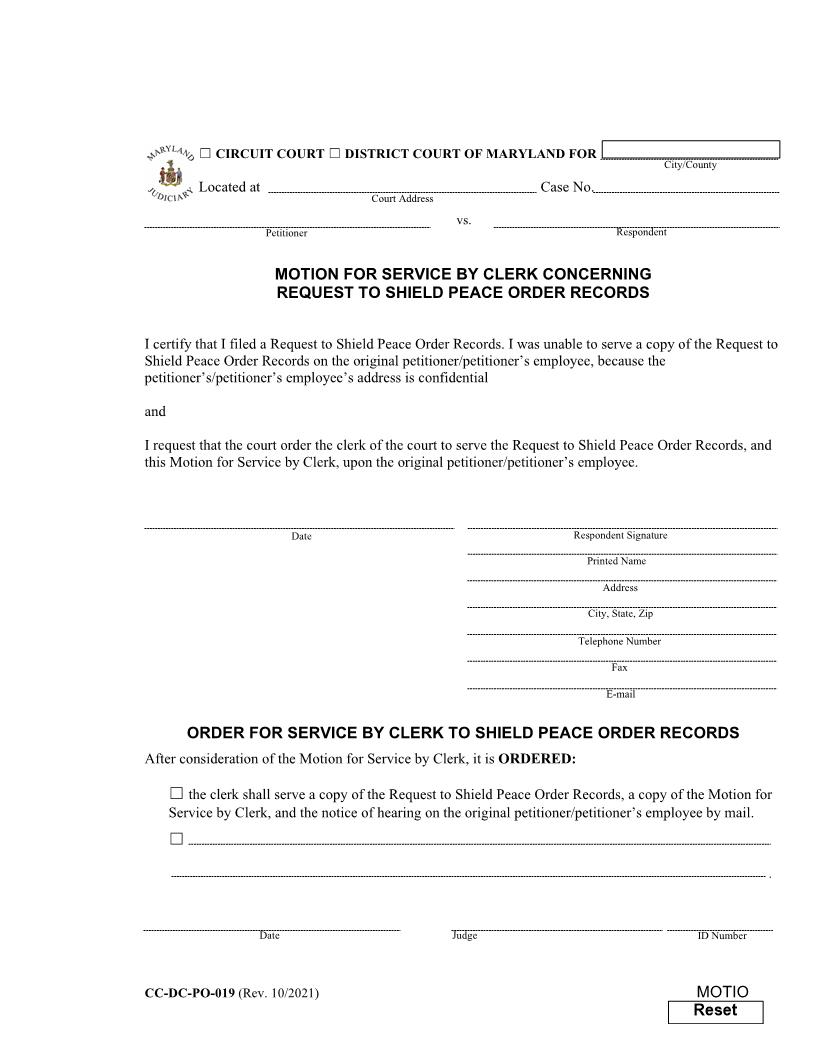 Motion For Service To Shield Peace Order Records {CC-DC-PO-19} | Pdf Fpdf Doc Docx | Maryland