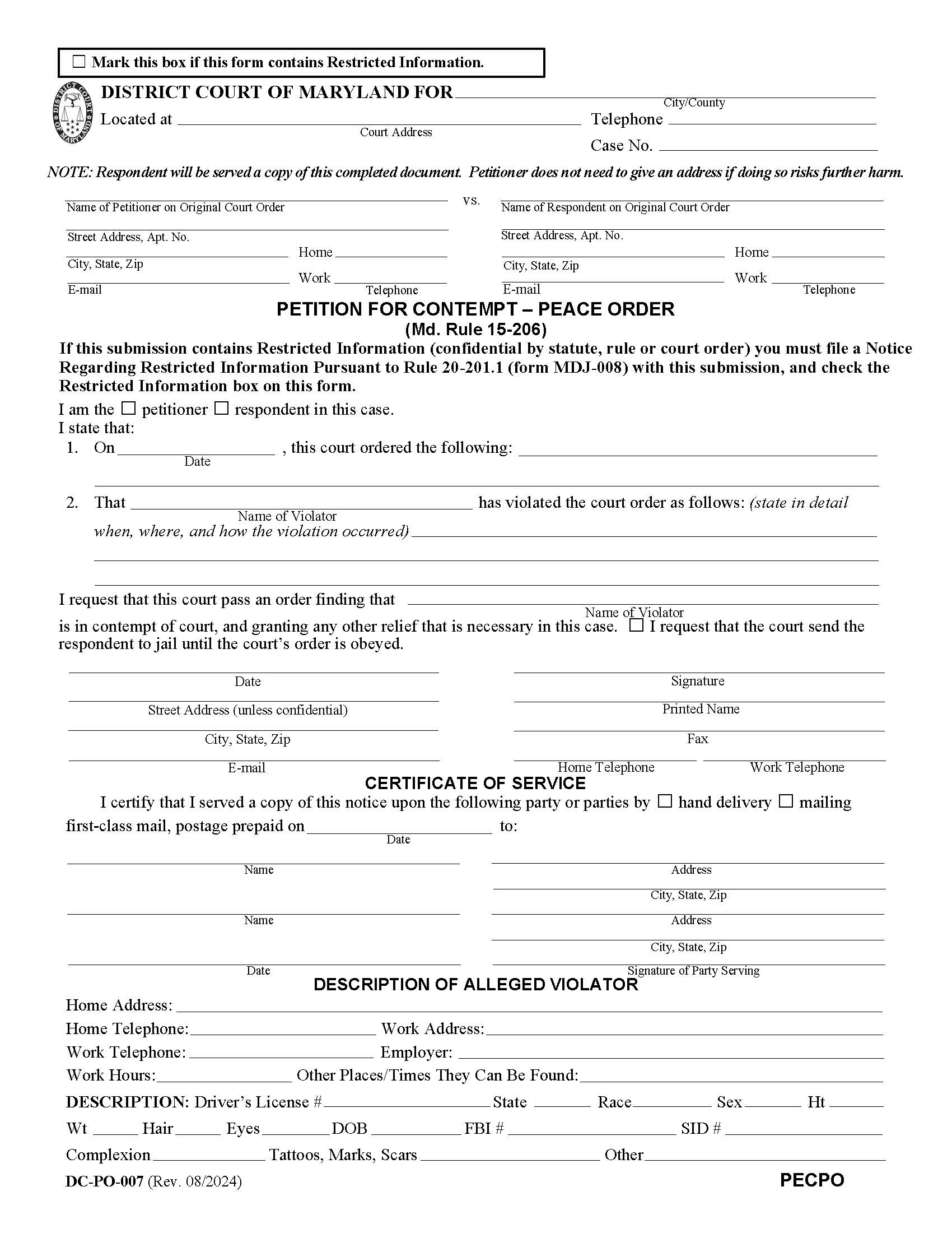 Petition For Contempt Peace Order {DC-PO-007} | Pdf Fpdf Docx | Maryland